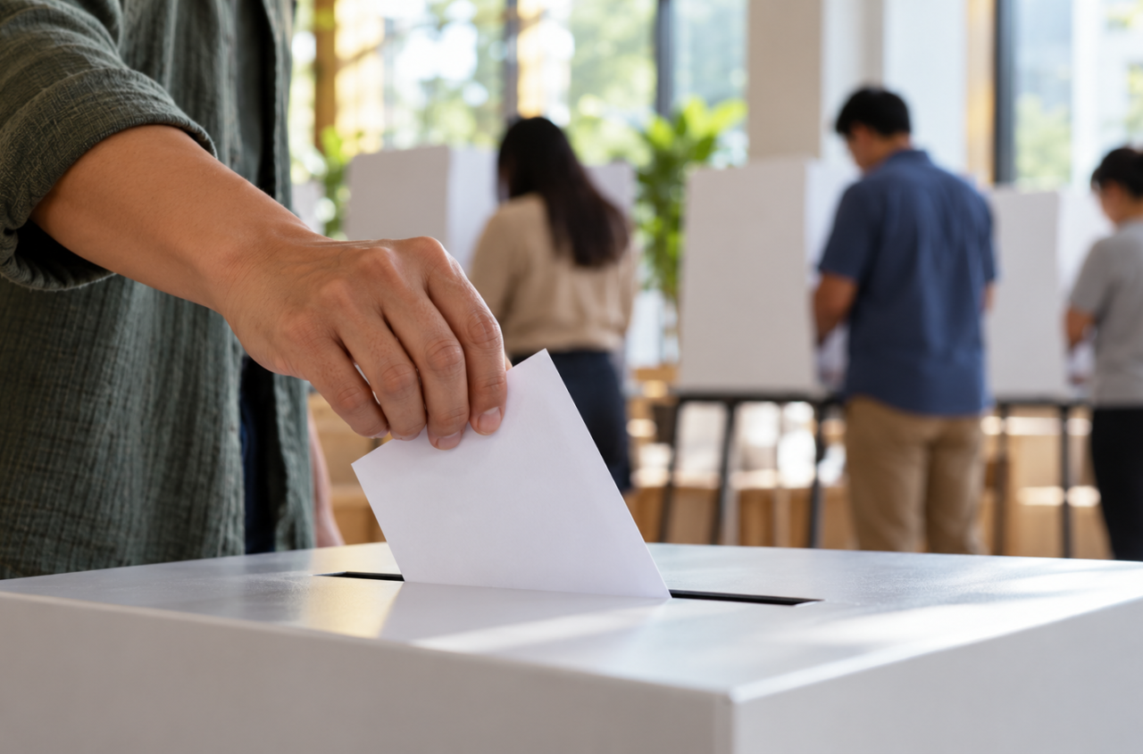 A voter places a ballot in a box while other voters stand at privacy booths.