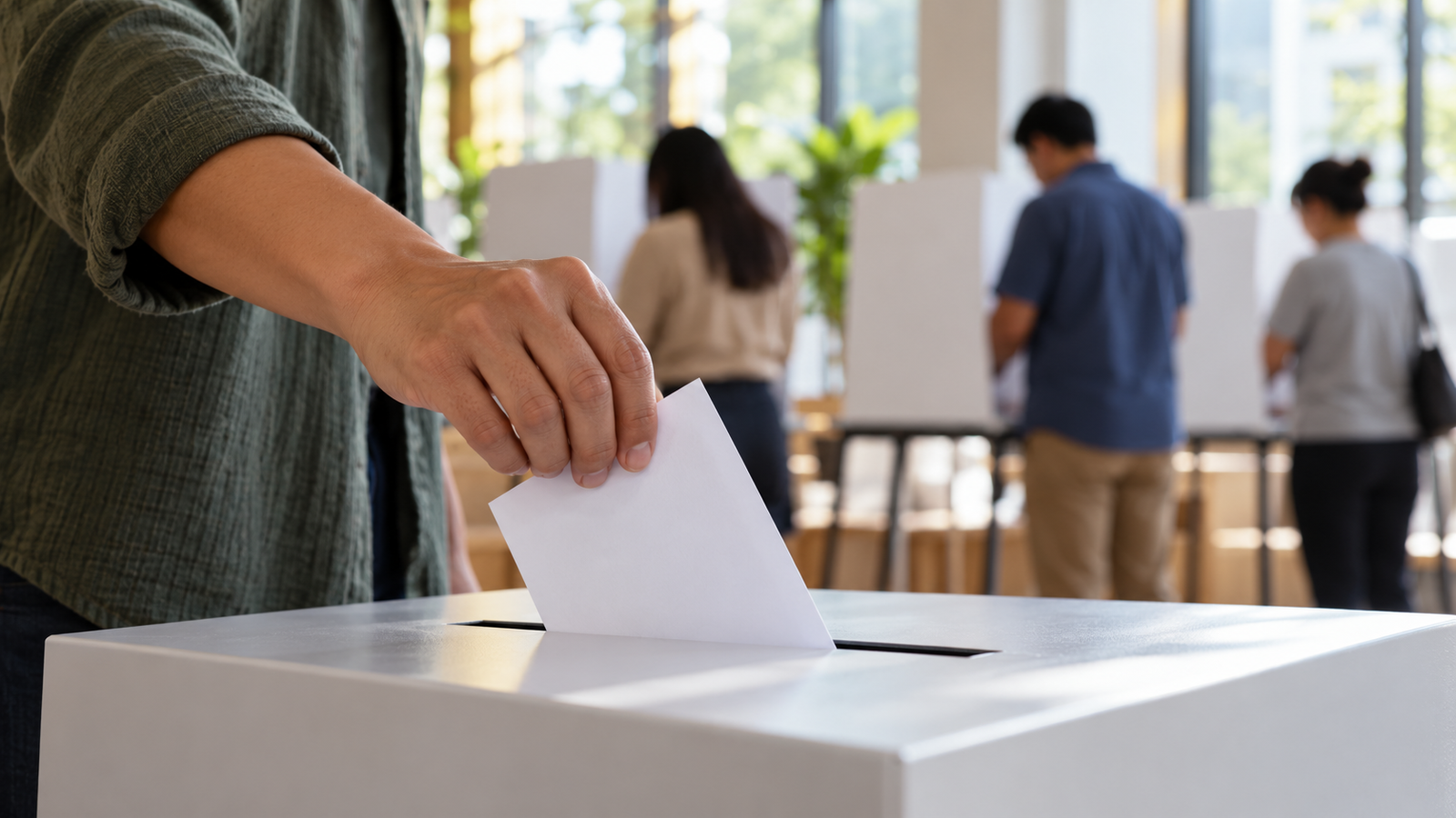 A voter places a ballot in a box while other voters stand at privacy booths.