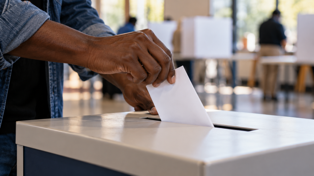 Illustration of a voter placing a ballot into a ballot box at a polling place.