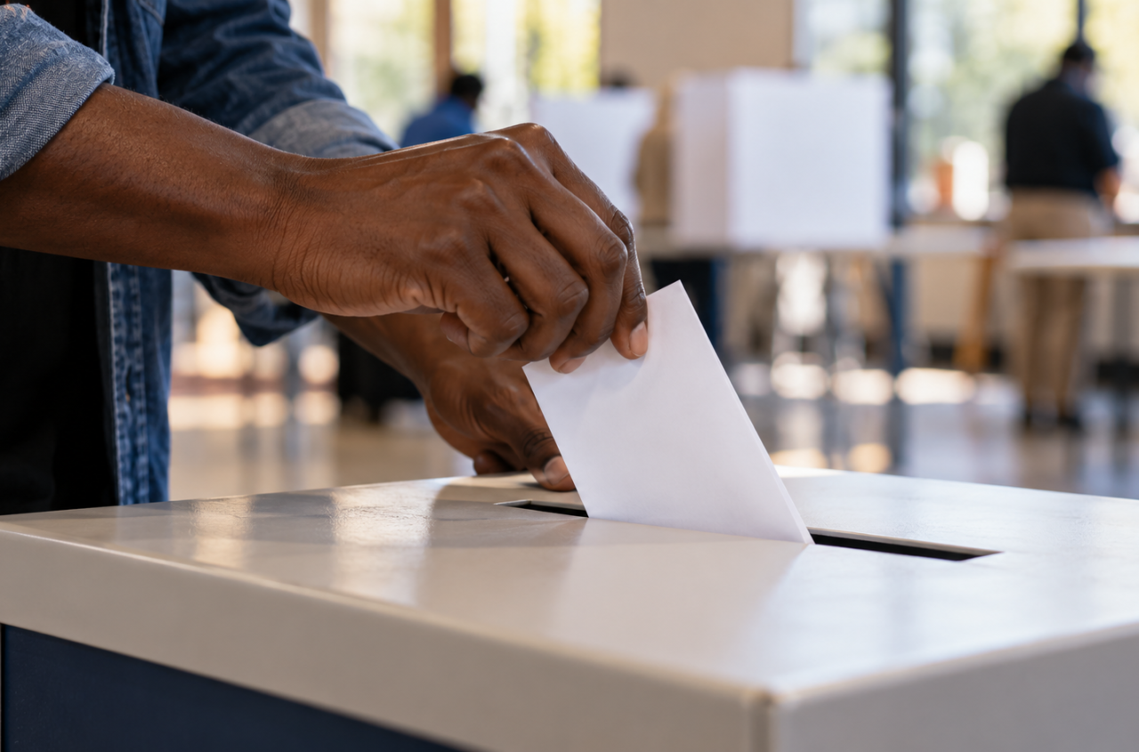 Illustration of a voter placing a ballot into a ballot box at a polling place.