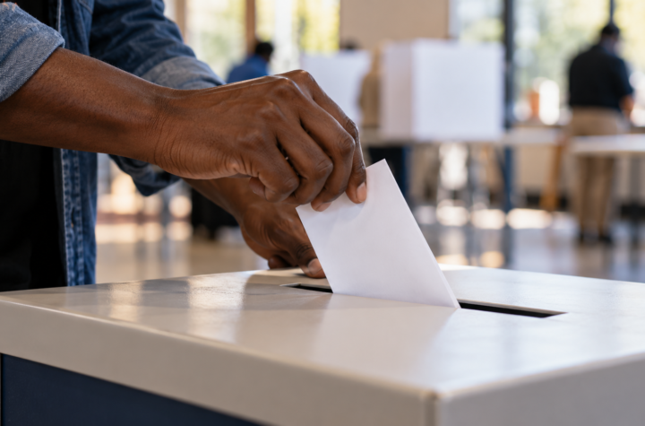Illustration of a voter placing a ballot into a ballot box at a polling place.