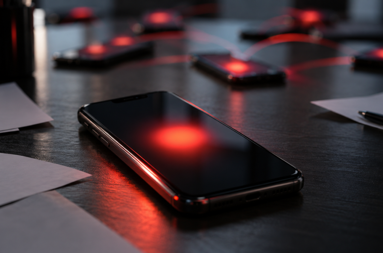 Smartphones on a dark tabletop with red lights connecting their screens.