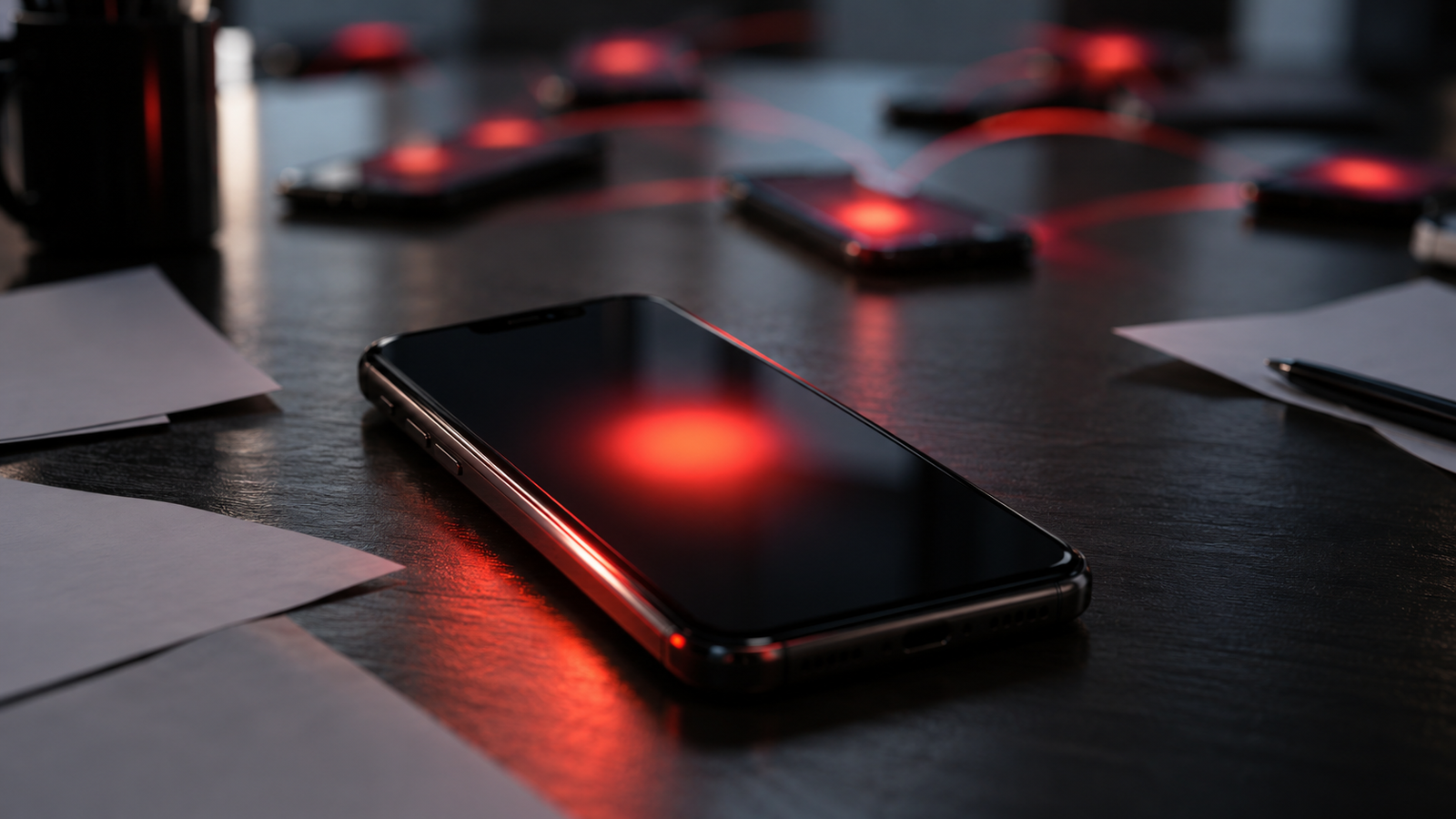 Smartphones on a dark tabletop with red lights connecting their screens.