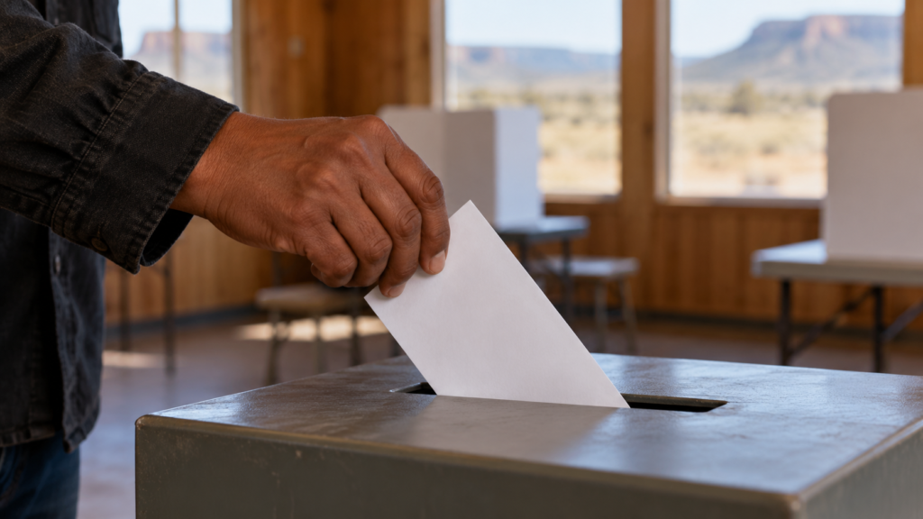 A hand places a ballot in a ballot box, with voting booths and a desert landscape in the background.