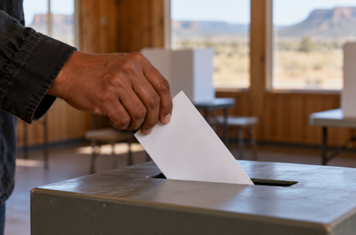 A hand places a ballot in a ballot box, with voting booths and a desert landscape in the background.